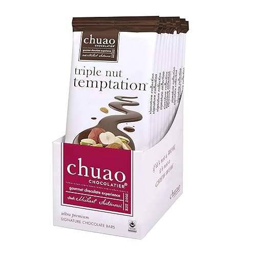 Miniatura 3 de Chuao Chocolatier Barras de chocolate negro Triple Nut Temptation  Nueces tostadas de chocolate gourmet europeas sin conservantes  Para cestas de