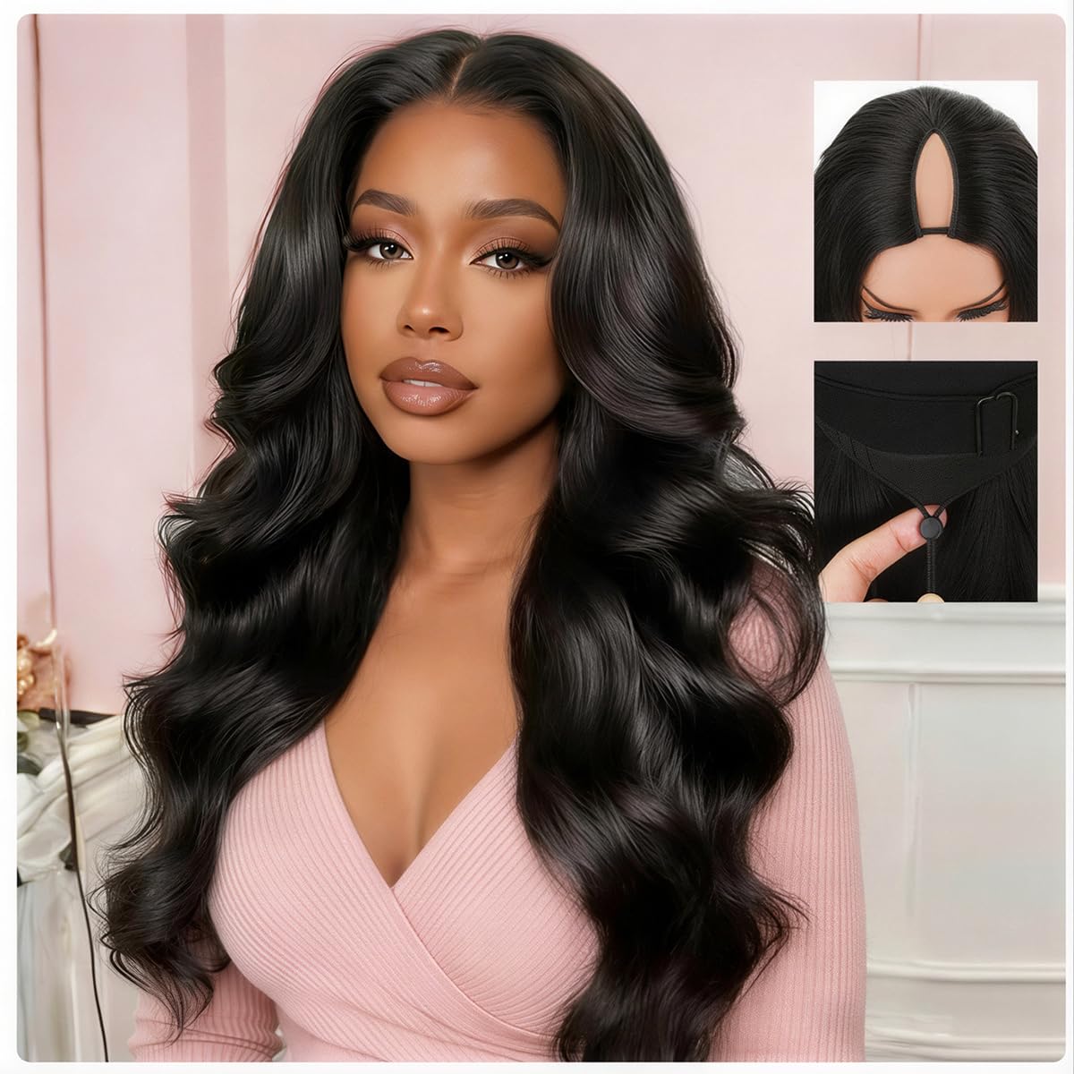 V Part Wig Human Hair Body Wave Upgrade U Part Human Hair Wigs With Drawstring 180% Density No Leave Out No Sew In Glueless V Shape Clip In Half Wig For Black Women Natural Black 16 inch
