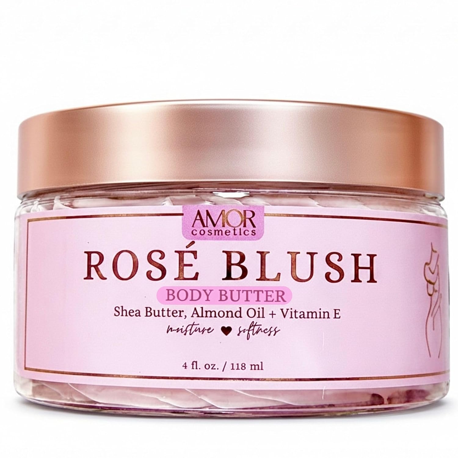AMOR Cosmetics Rosé Blush Whipped Body Butter - Premium Shea Butter & Natural Oils Moisturizer for Nourishing Dry & Sensitive Skin, Long Lasting Hydration, Vegan Handmade Body Butter, 4 oz
