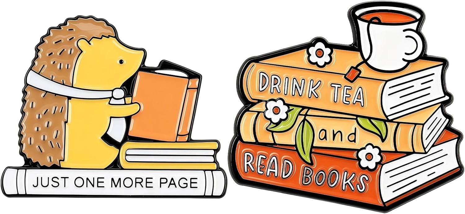 2Pcs Book Enamel Pins Cartoon Reading Brooch Badges Cute Bookish Lapel Pins for Backpacks Jackets Hats Creative Book Lovers Gifts for Teachers Students Readers Bookworm Jewelry Accessories