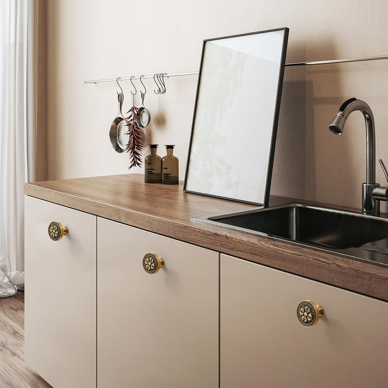 FLIRABBIT10 Pack Antique Brass Cabinet Knobs – Vintage Solid Brass Drawer Pulls with Floral Design, 1.25" Decorative Knobs for Kitchen Cabinets, Wardrobe, Sideboard, Dresser or Bathroom Vanity