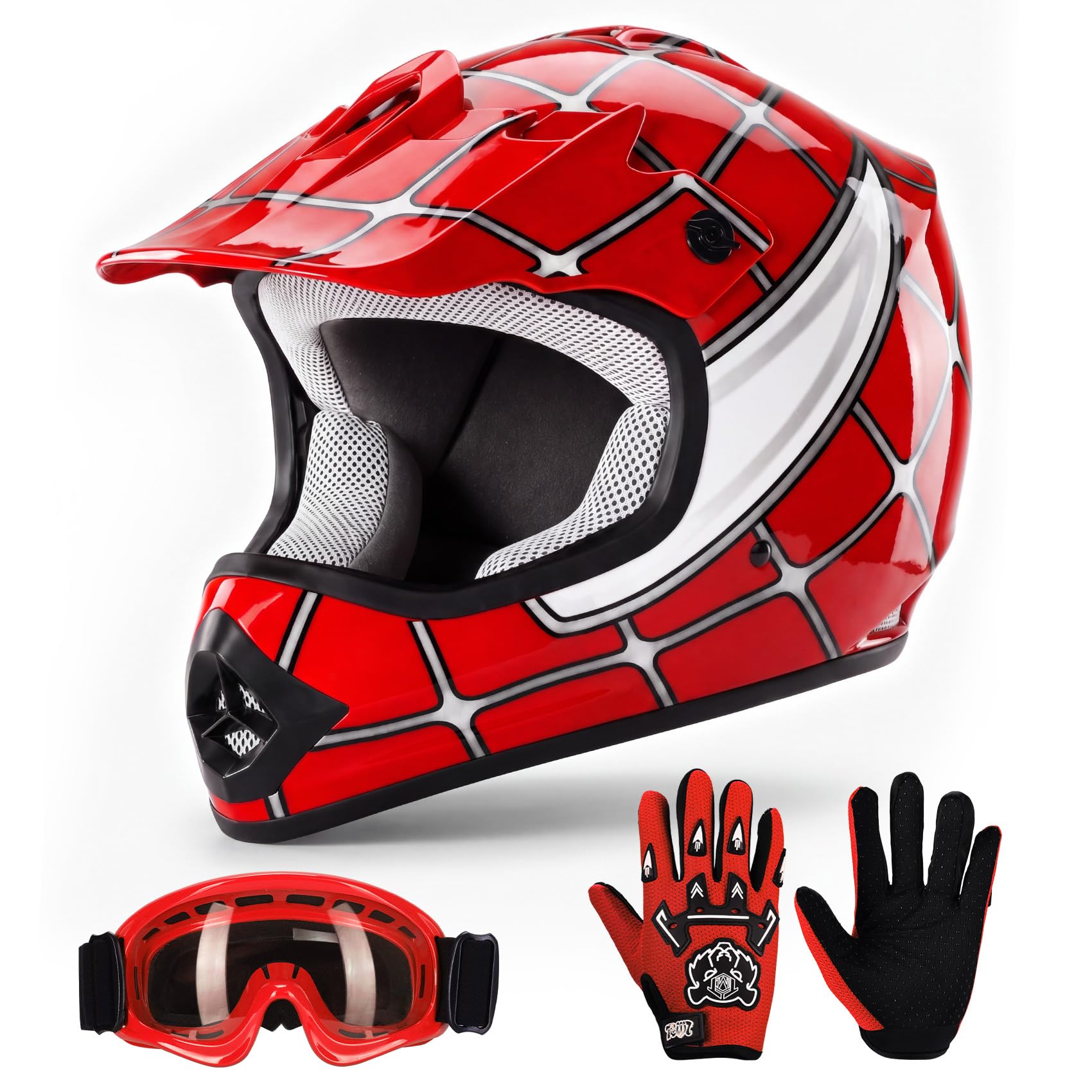 TCT-MOTORPARTS Red Spider DOT Kids Youth Motocross Helmets ATV Off-Road Dirt Bike Motorcycle Full Face Helmet+Gloves+Goggles Medium : Automotive