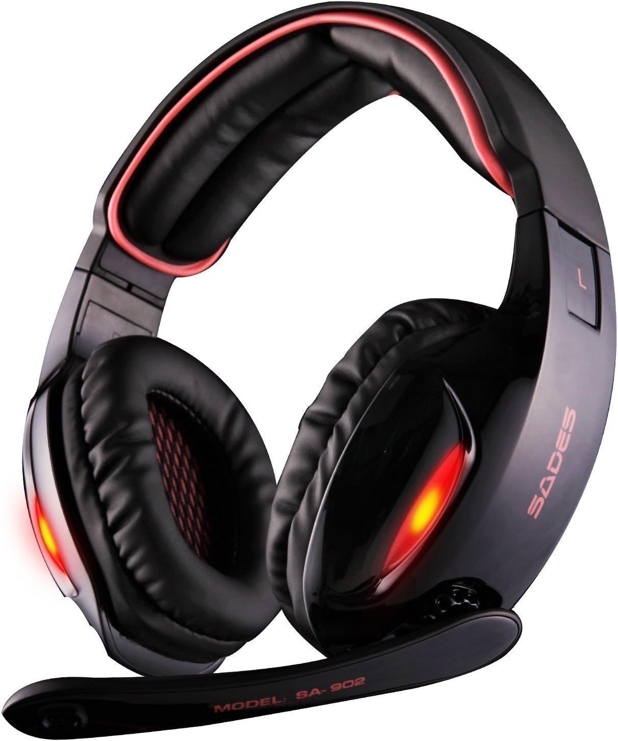 SADES SA902 7.1 Channel Virtual USB Surround Stereo Wired PC Gaming Headset Over Ear Headphones with Mic Revolution Volume Control Noise Canceling LED Light (Black/Red)