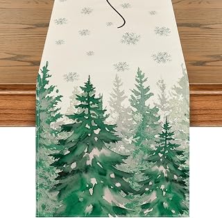 Artoid Mode Green Ink Wash Painting Christmas Trees Hello Winter Table Runner, Seasonal Pine Kitchen Dining Table Decoration for Home Party Decor 13x72 Inch