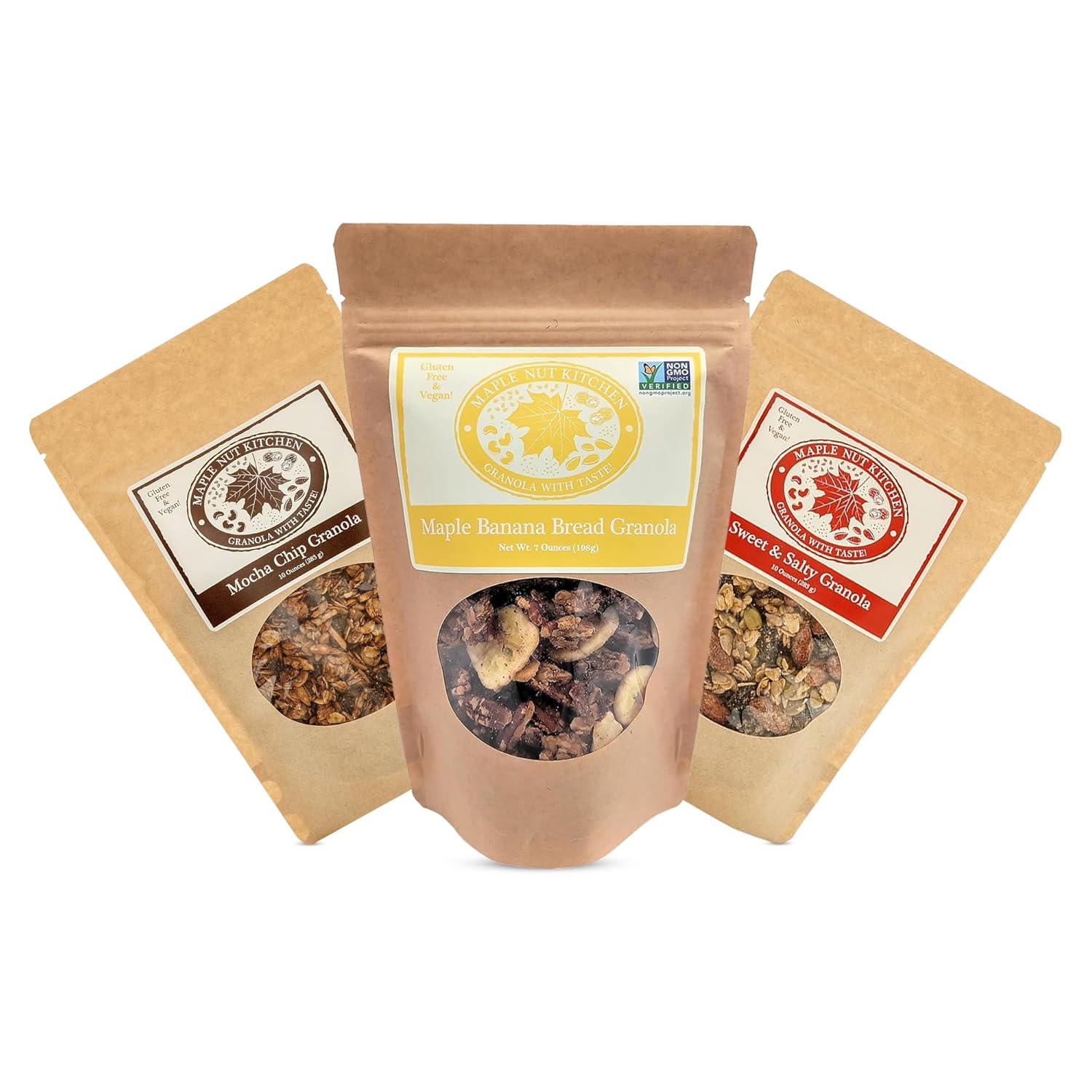 Maple Nut Kitchen Artisanal Granola Variety Pack - Maple Banana Bread, Mocha Chip, Sweet and Salty | 10 oz Each | Gluten-Free, Vegan, Delicious Breakfast Treats | 3-Pack