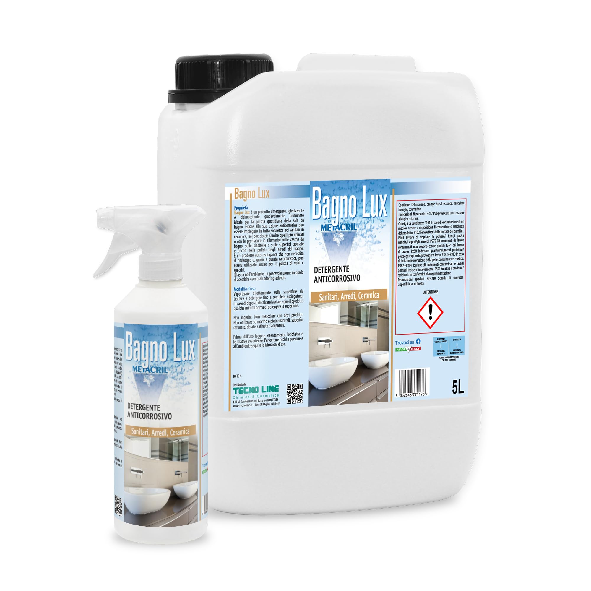 Metacril Bagno Lux + Flacone e Vapo, Detergente al profumo di Cocco - 5 LT | Detergente Anticorrosivo per il Bagno, sanitari, ceramiche, rubinetterie, vasca, doccia e arredi con nota aromatica al cocco