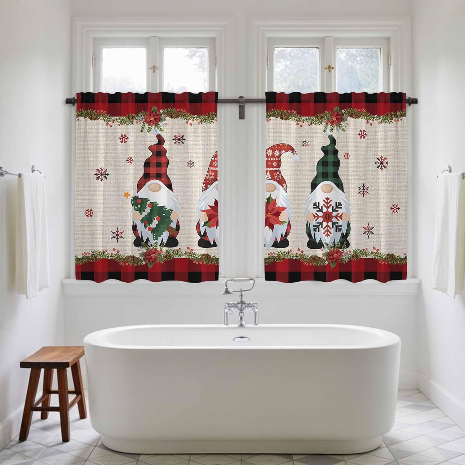 Christmas Gnomes Kitchen Tier Curtains 45 Inch Long 2 Panel Set,Rod Pocket Short Window Treatment,Red Black Plaid Xmas Tree Snowflake Burlap Curtains & Drapes for Bathroom Basement 27.5"W x 45"L