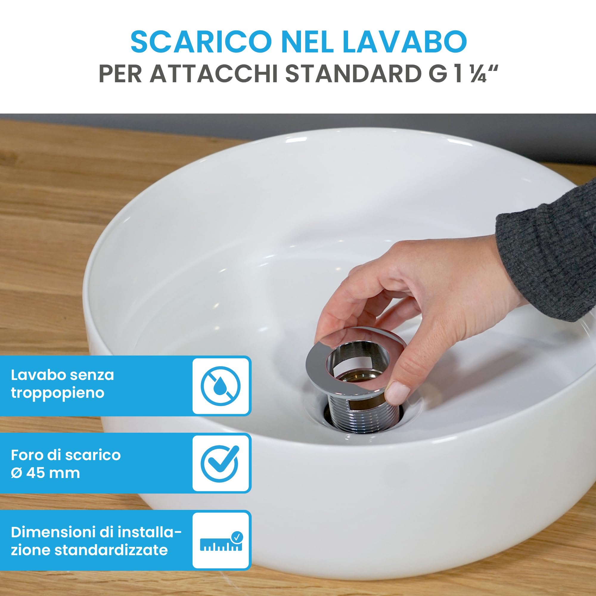 Bächlein Lavabo da appoggio Tamula (rotondo) – Lavabo in ceramica Ø 31,5 cm – Lavabo dal design moderno per bagno e WC – Lavabo di alta qualità in bianco