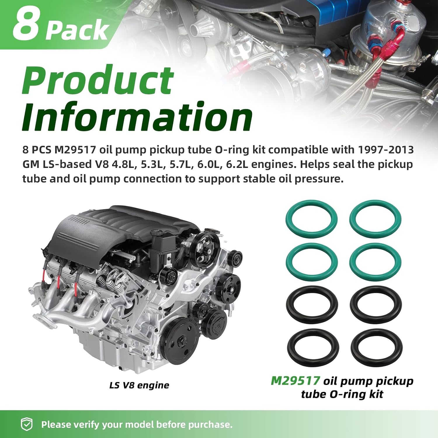 8 PCS M29517 Oil Pump Pickup Tube O-Ring Seals Compatible with 1997-2013 GM LS-Based V8 Engines 4.8L 5.3L 5.7L 6.0L 6.2L LS1 LS2 LS3 LS6, Replacement for 12584922