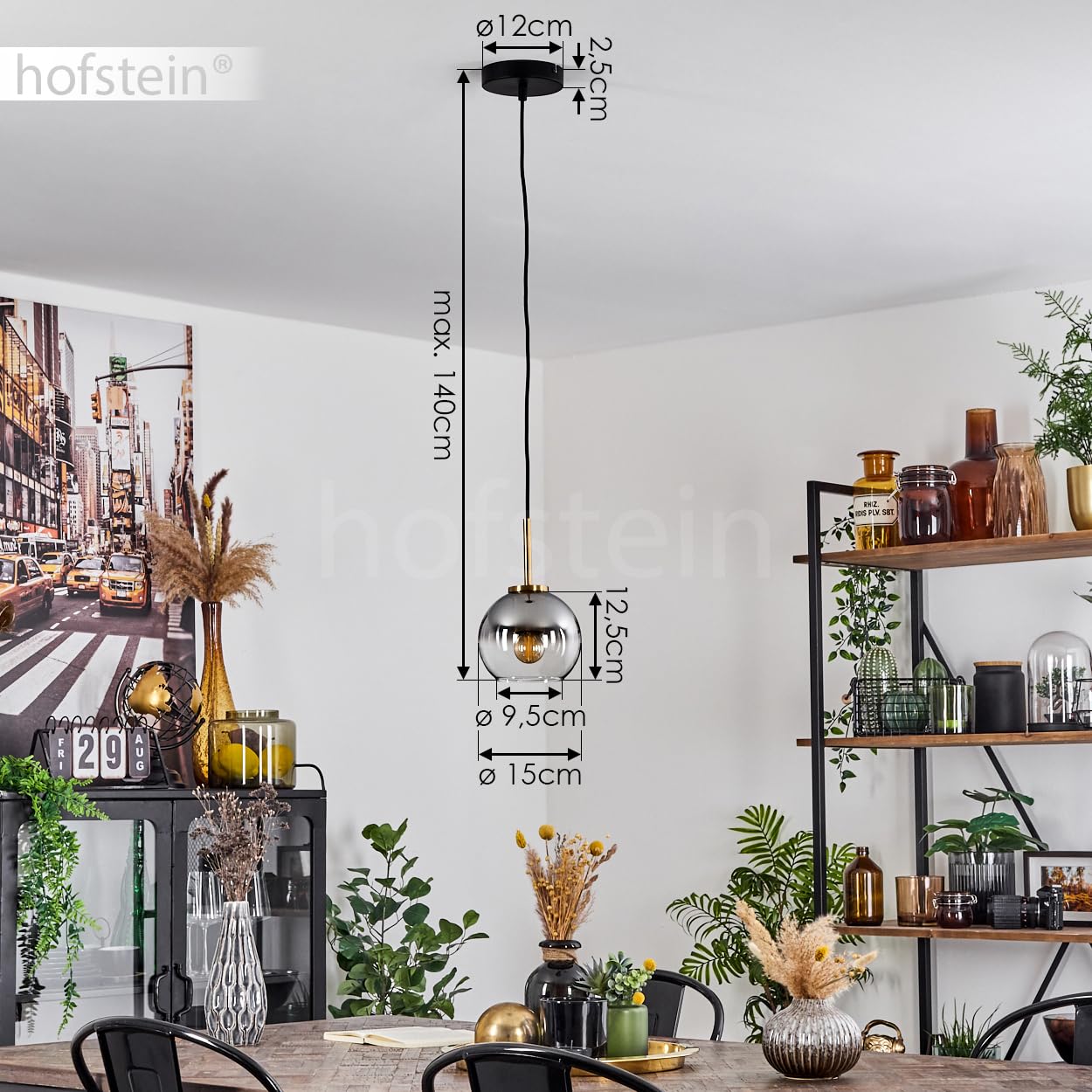 Lampada a sospensione Koyoto, lampada a sospensione in metallo/vetro nei colori oro/fumo, lampada con paralume in vetro (Ø 15 cm), altezza massima 140 cm, 1 x E27, senza lampadina/e