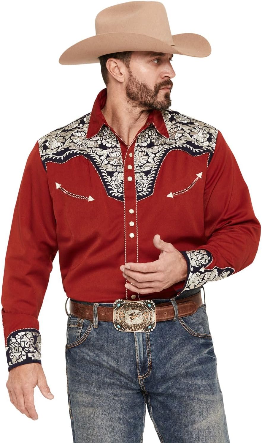 Scully Men's Gunfighter Long Sleeve Pearl Snap Western Shirt - P-634-RWB XX- Red