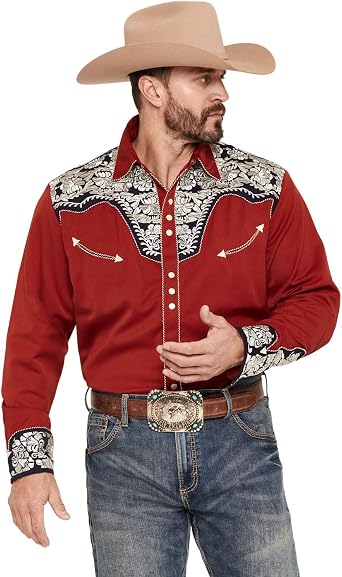 Scully Mens Gunfighter Long Sleeve Pearl Snap Western Shirt - P-634-RWB Red