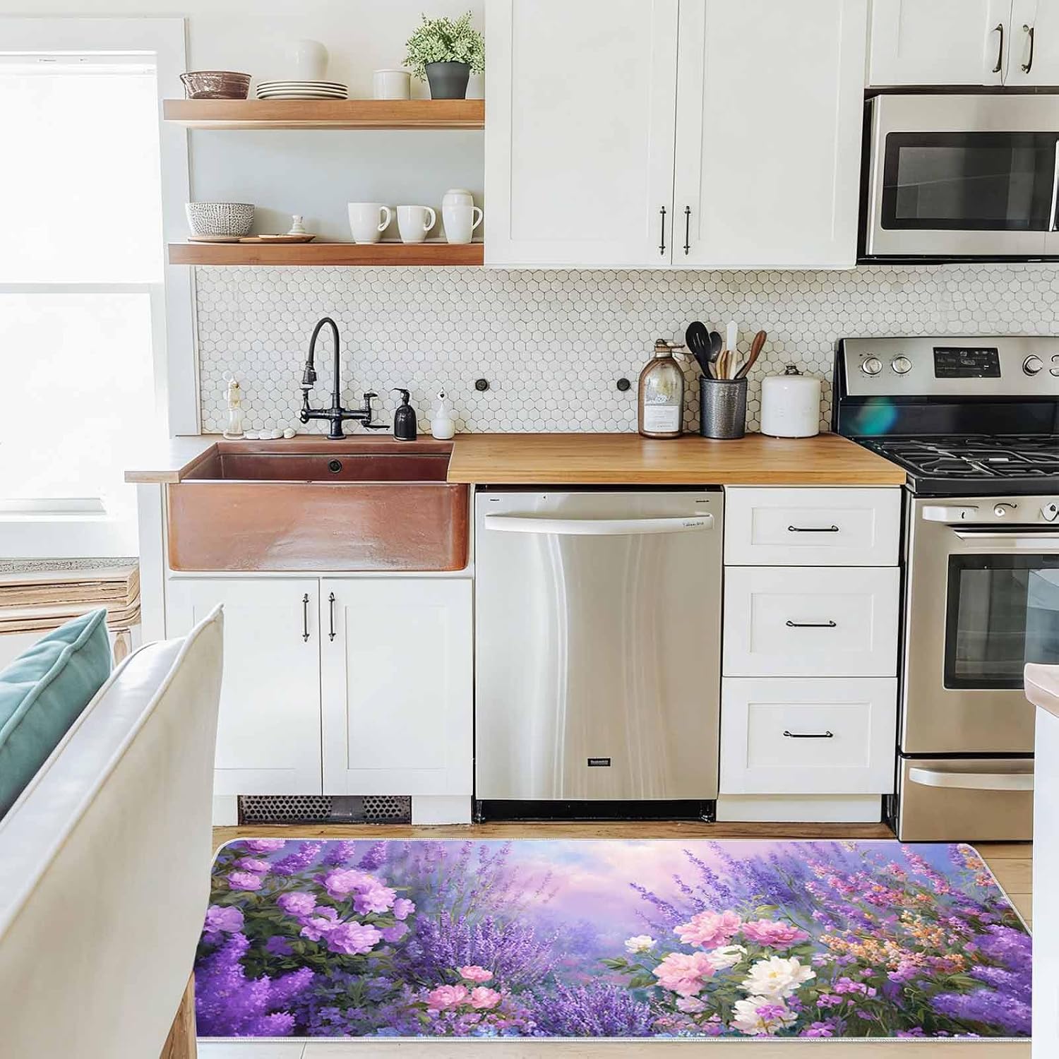 Spring Lavender Flowers Kitchen Rug and Mat,Washable Floor Mats Standing Cushioned Set of 2,Oil Painting Style Art Slip-Proof Doormat Runner Rugs for Indoor Bathroom Laundry Sink