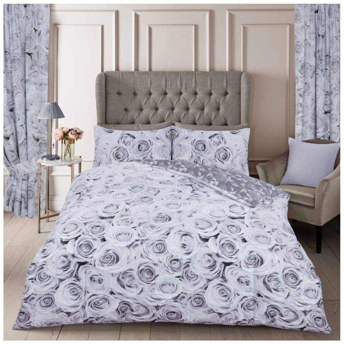 GC GAVENO CAVAILIA Breathable Vintage Floral Duvet Cover, Flower Bedding Sets, Reversible Superking Duvets Sets Grey