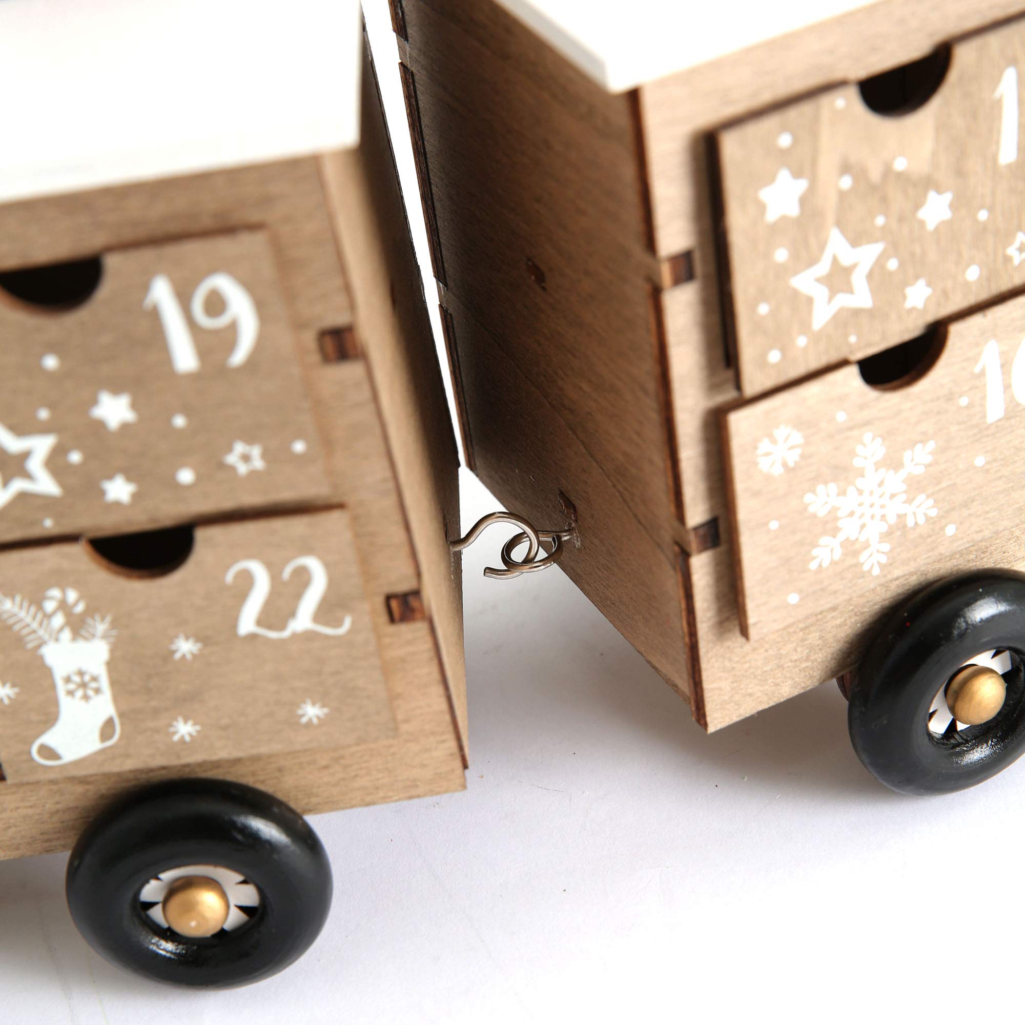 PE Weihnachts-Adventskalender aus Holz in Form eines Zuges mit 24 Schubladen für den Weihnachtscountdown als Tischdekoration (weiß und naturfarben)