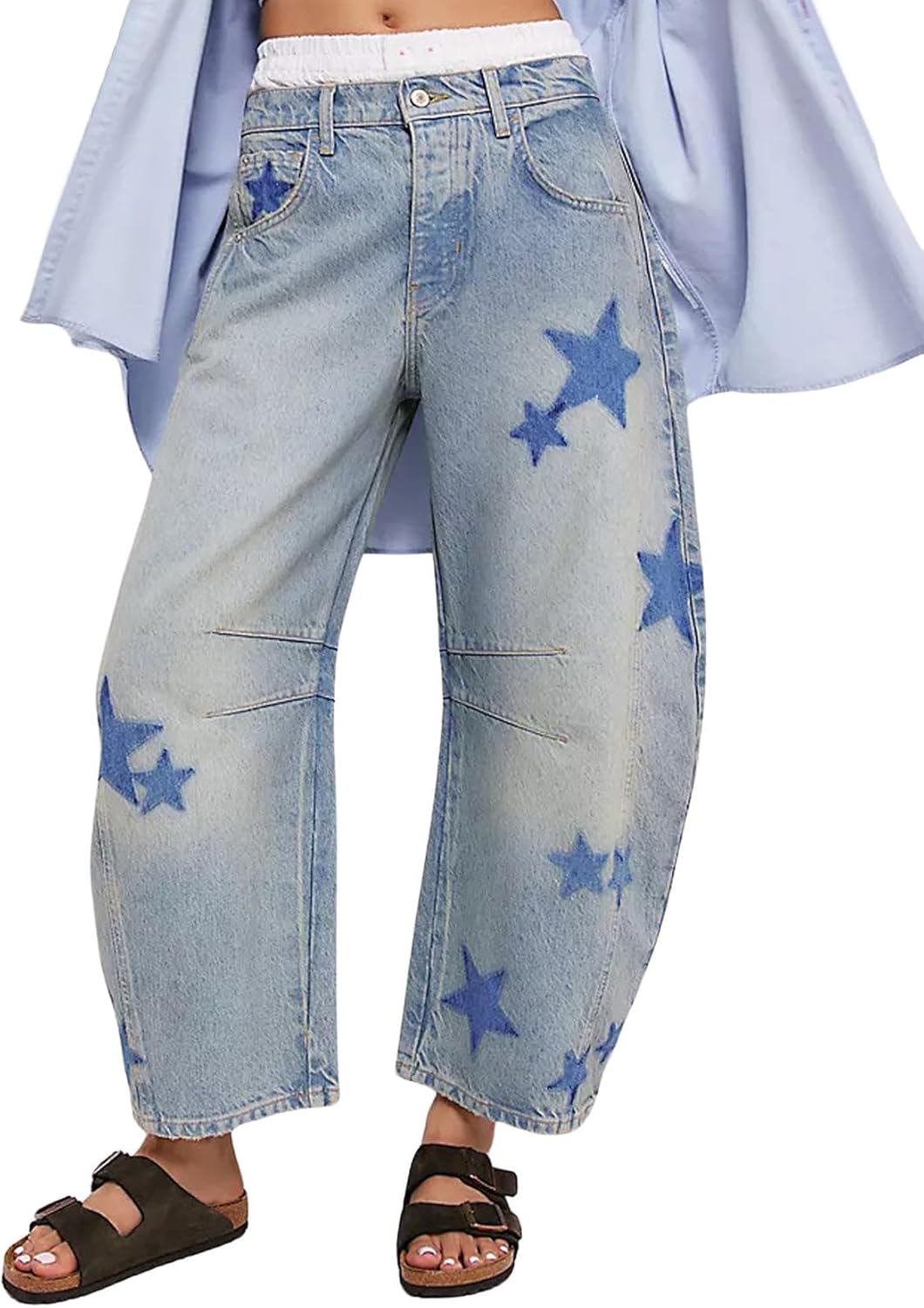 loveimgs Women's Mid Rise Barrel Jeans Wide Leg Baggy Printed Loose Y2k Boyfriend Denim Pants Horseshoe Jeans