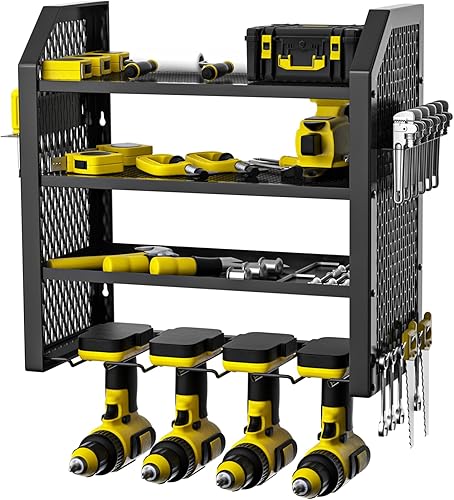 Nidouillet Organizador de herramientas eléctricas, soporte de pared para taladro de 4 capas, estante de almacenamiento de herramientas eléctricas
