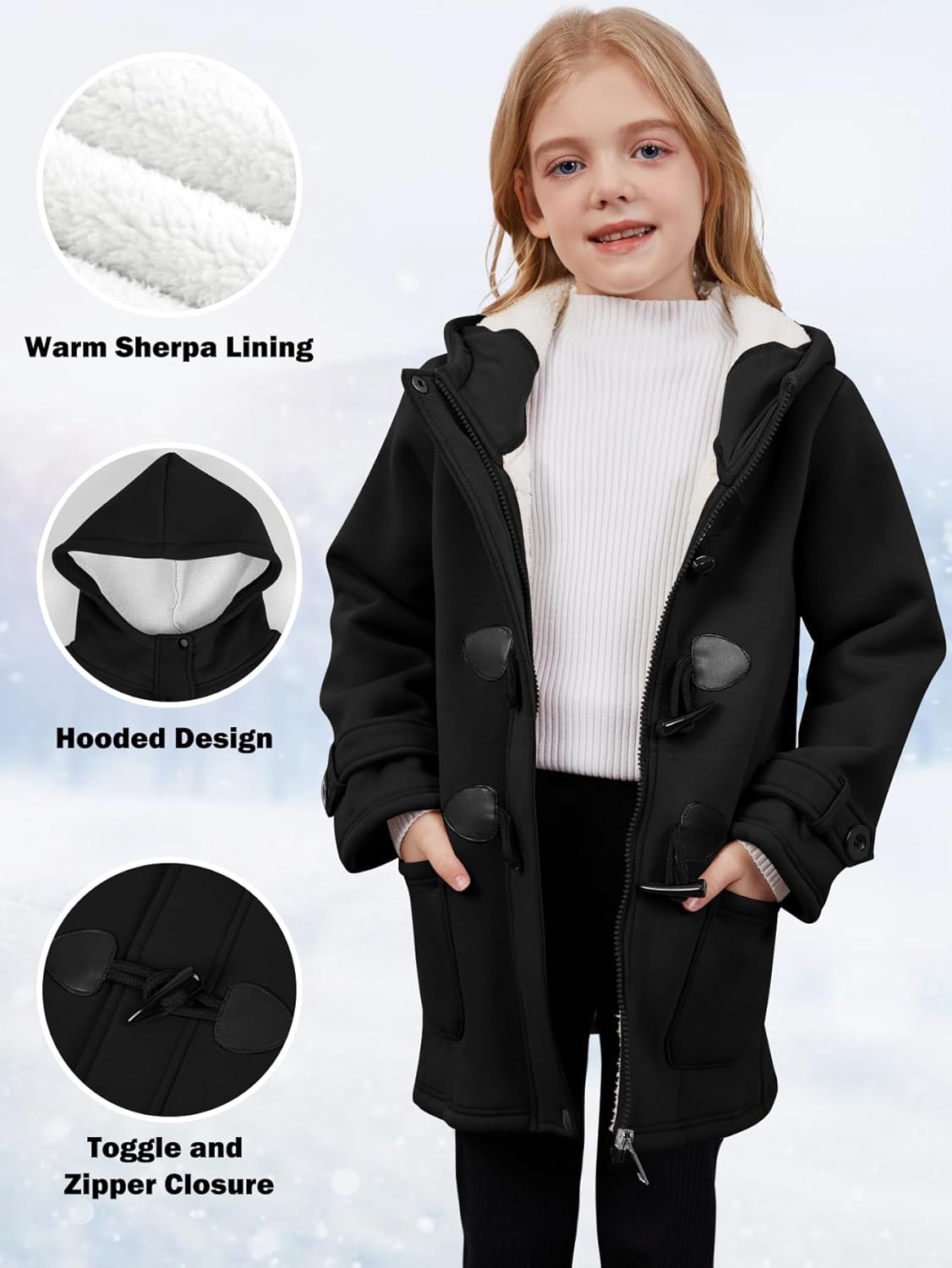 Kid's Girls Winter Fall Sherpa Lined Jacket Duffle Toggle Coat Warm Hooded Fleece Jacket Sweatshirt - Image 6