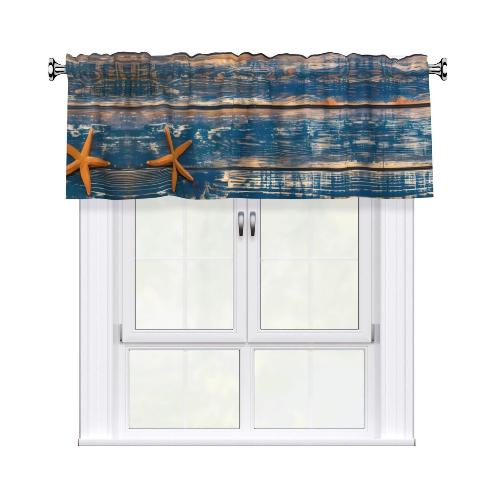 WHJSHOP Old Wooden Starfish Summer Prints Curtain Valance 54x18in - Peach Skin Kitchen Window Layer, Filtered Light & Quick-Install Rod Pocket Cover