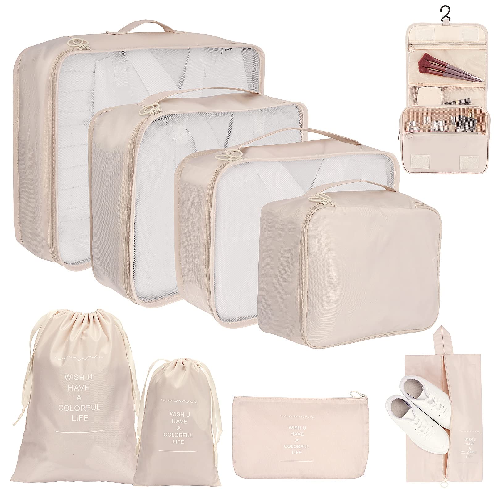 Organizer Valigie Set di 9, Cubo di Viaggio Cubi di Imballaggio, Cosmetici Abbigliamento Intimo Calzature Organizzatori Sacchi Valigia di Stoccaggio Set, Beige