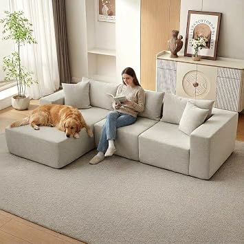 108" L Shaped Boneless Couch, Cotton Linen Fabric Cloud Couch with Left Facing Chaise, No-Assembly Modular Sectional Sofas for Living Room, Beige