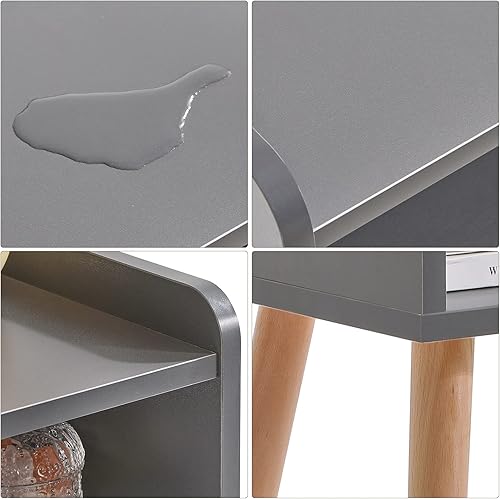 Miniatura 6 de IBUYKE Mesita de noche, mesa de noche moderna de mediados de siglo con patas de madera maciza, mesa auxiliar minimalista y práctica con estante de