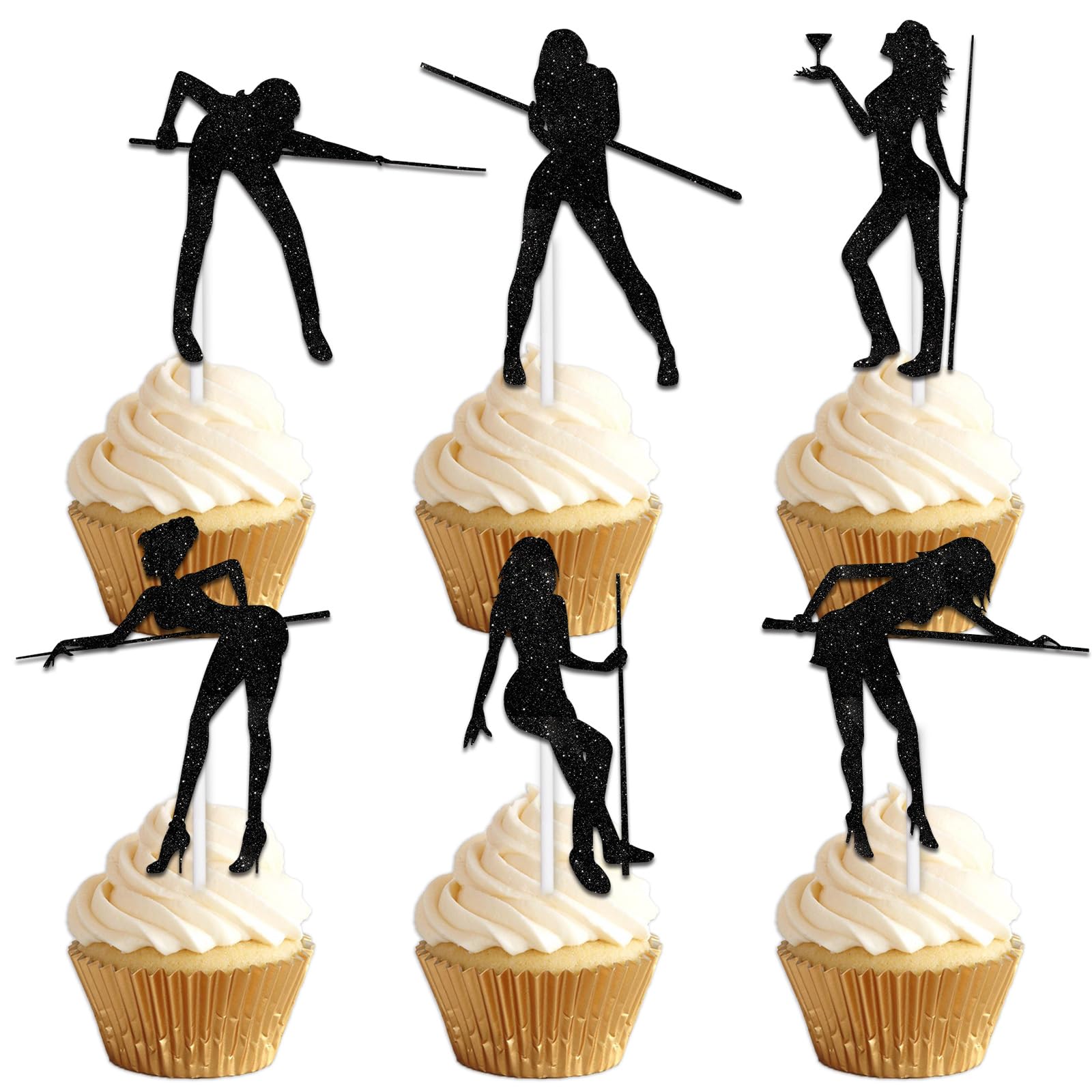 Black Glitter Silhouette Billiards Girls Dessert Cupcake Cheer to Sport Theme Decor Supplies Women Lady Happy Birthday Party Decorations set 18pcs