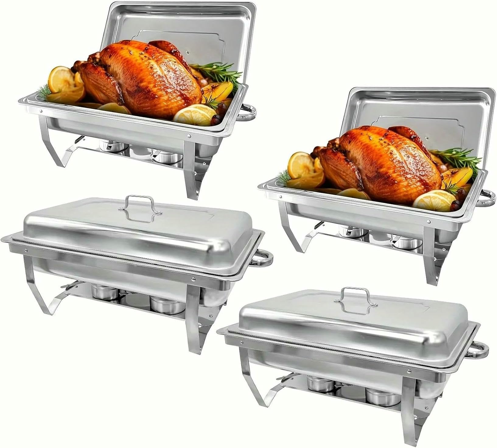 Juego de 4 platos de acero inoxidable de 8 cuartos de galón, calentador de alimentos con bandeja de agua y soporte de combustible, ideal para catering, fiestas, eventos y bufés al aire libre