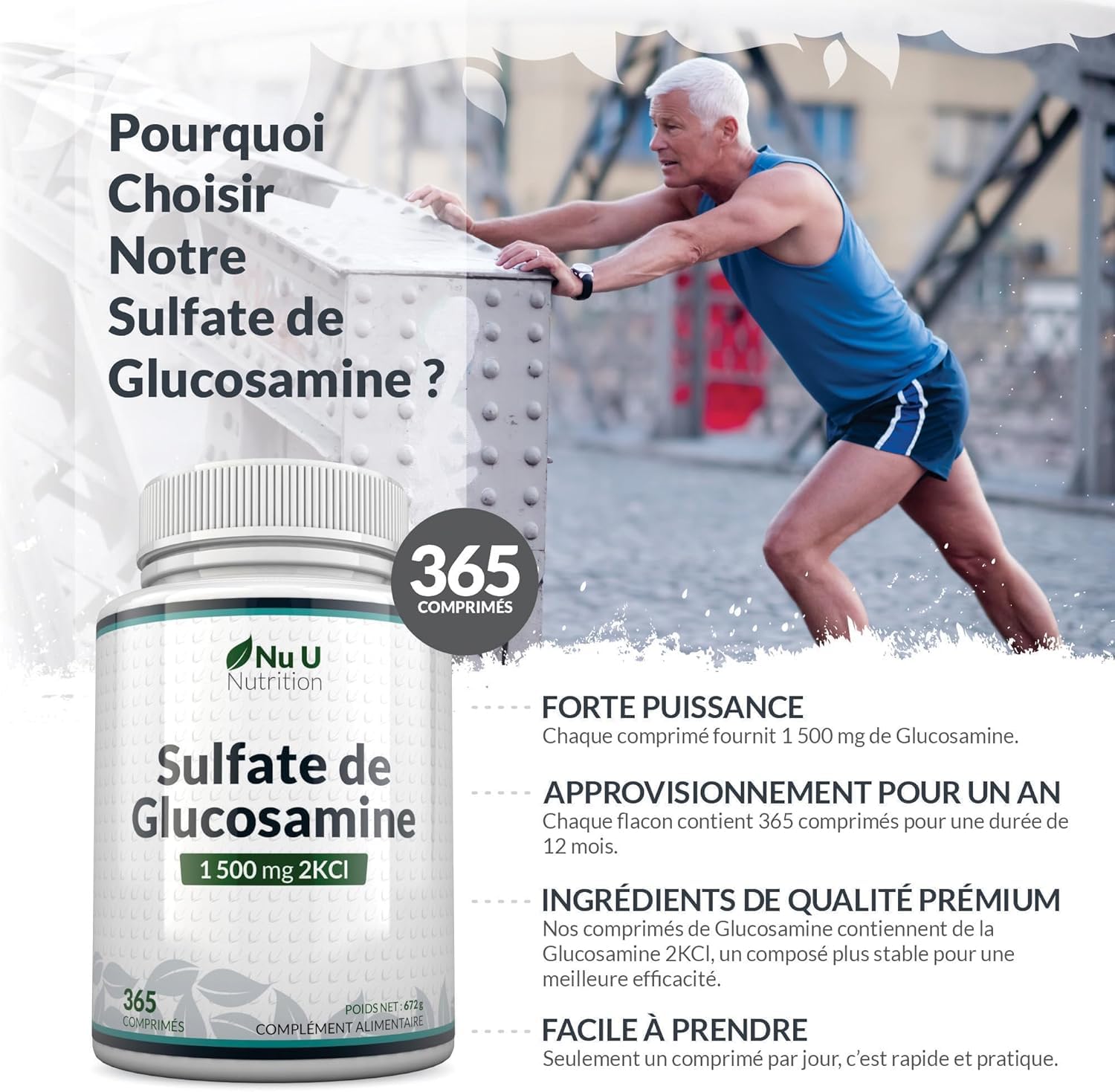 Glucosamine 1500 mg 2KCl - 365 Comprimés pour 1 An - Haute Puissance - Complément Alimentaire de Nu U Nutrition