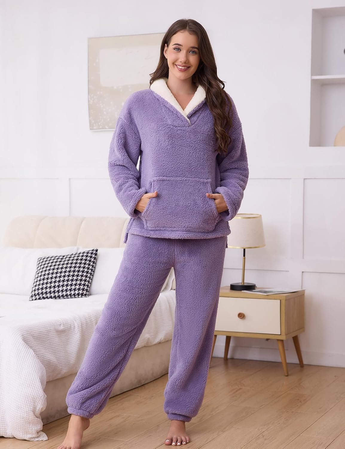 HEEKEPK Womens Fluffy Pajamas Set Fleece Fuzzy Winter Warm Pj Sets Pullover Pants Plush 2 Piece Loungewear Sleepwear Pockets - Image 7