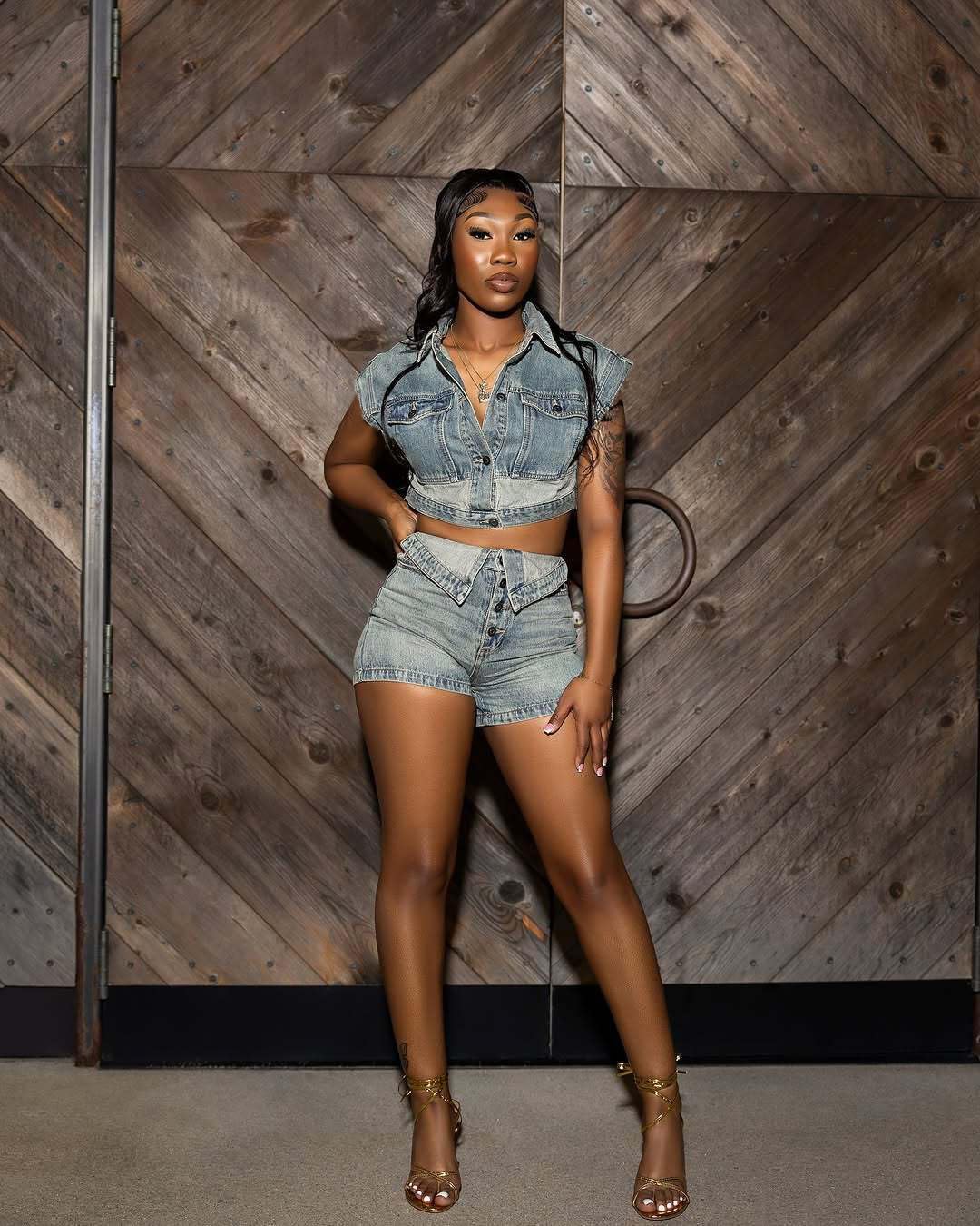 Molilove Women's Denim 2 Piece Outfits Button Down Crop Jacket and Shorts Set Summer Sexy Jeans Tracksuits