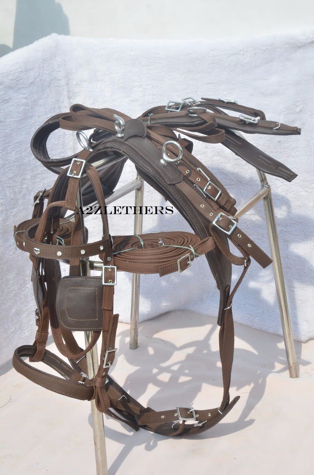 Harnais de conduite en nylon pour cheval simple en marron avec frontal en strass dans la bride (complet, cob, pony, shetland)