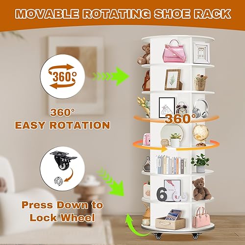 Miniatura 3 de Zapatero giratorio de 7 niveles con 4 ruedas universales, organizador de zapatos giratorio de 360, torre giratoria de almacenamiento multifuncional,