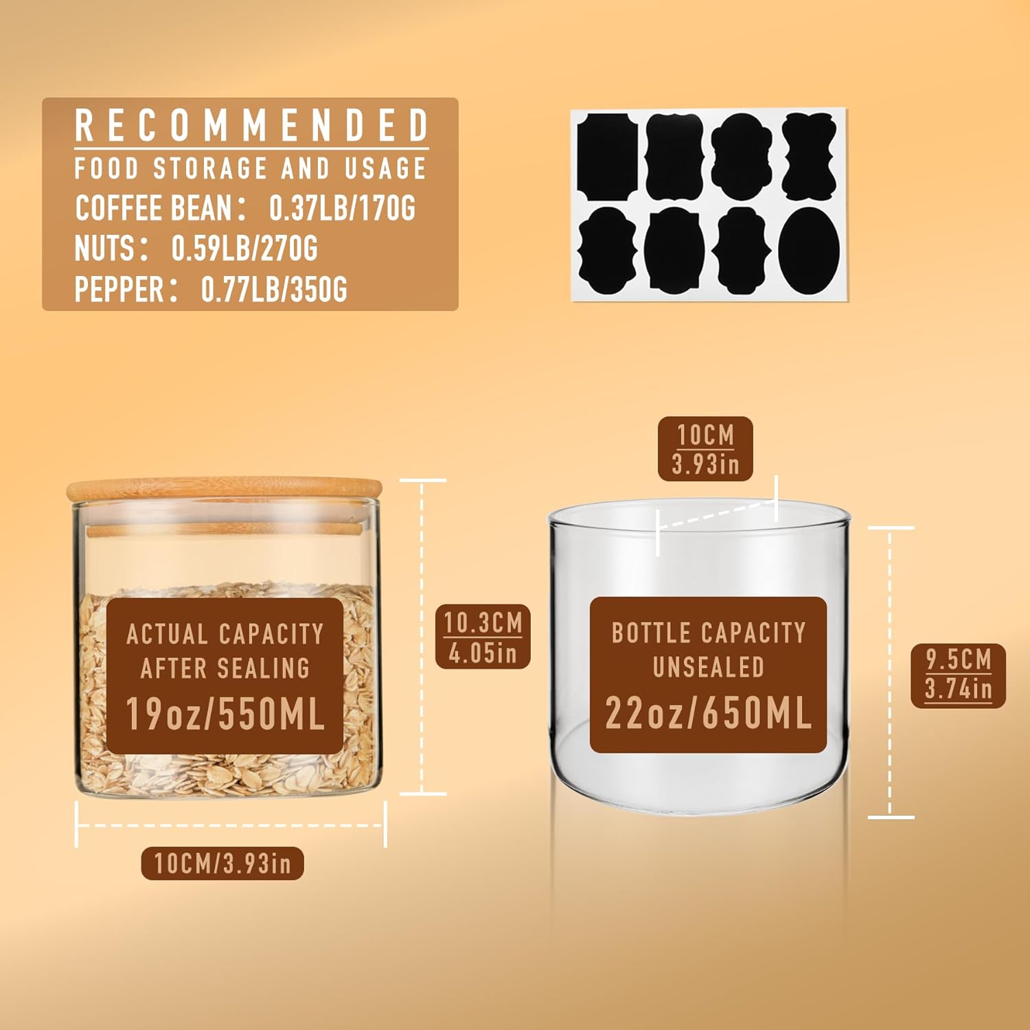 22oz Straight cylindrical Airtight Storage Jars with Bamboo Lid Set of 6 Storage Container Stackable Spice Jar, Kitchen Canister for Sugar, Tea, Cookies and Coffee beans (with Black Lable) - Image 2