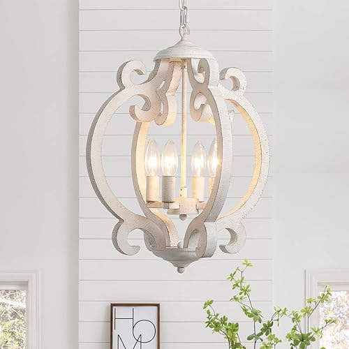 Candelabro de casa de campo, de madera rústica, estilo francés, para comedor, 4 luces, vintage, color blanco, para pasillo, vestíbulo, sala de