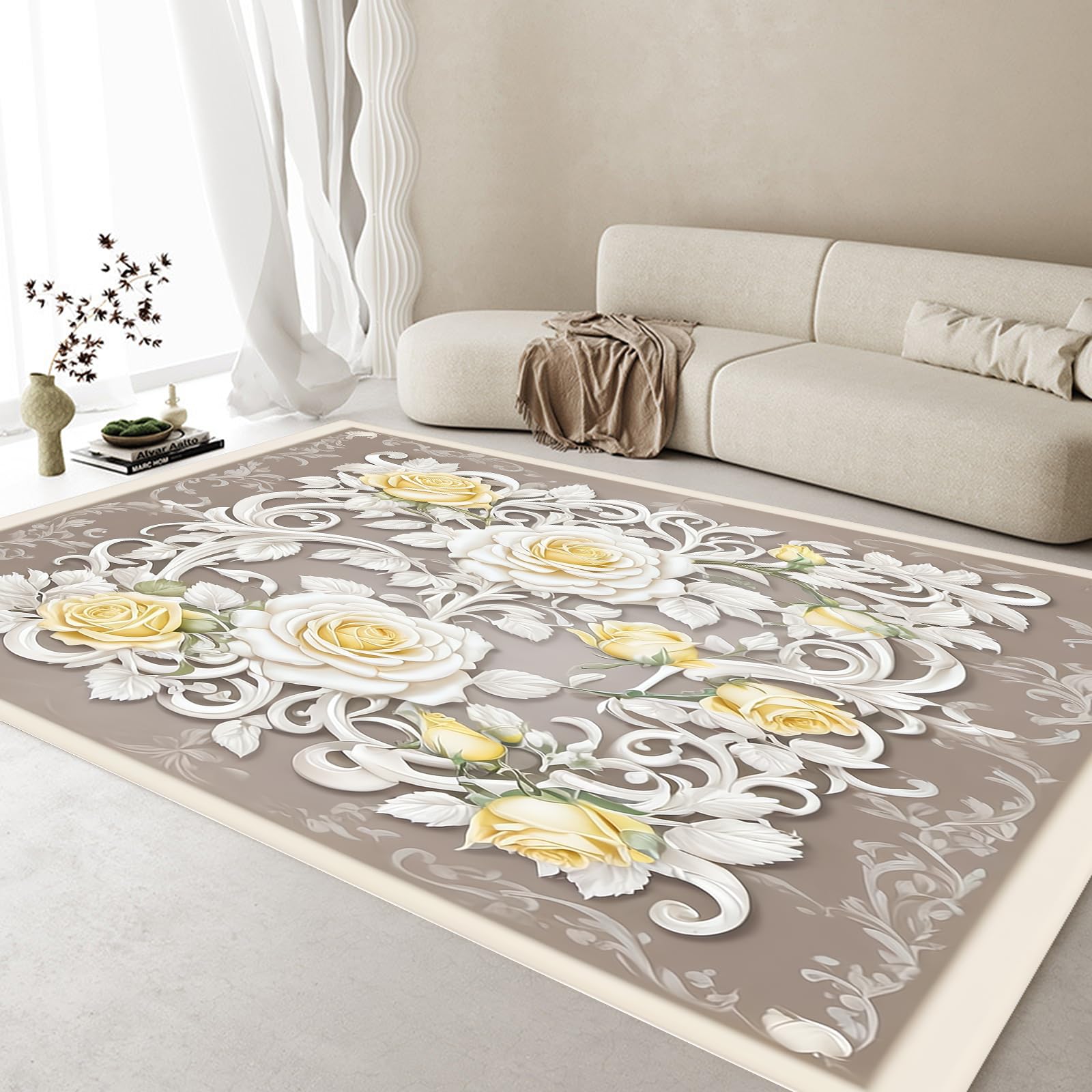 JYDWEI Yellow Rose 4 * 5ft Area Rugs Machine Washable Rugs Low Pile Rugs Non-Shedding Area Rugs Floral Rugs Artistic Rugs for Living Room Bedroom