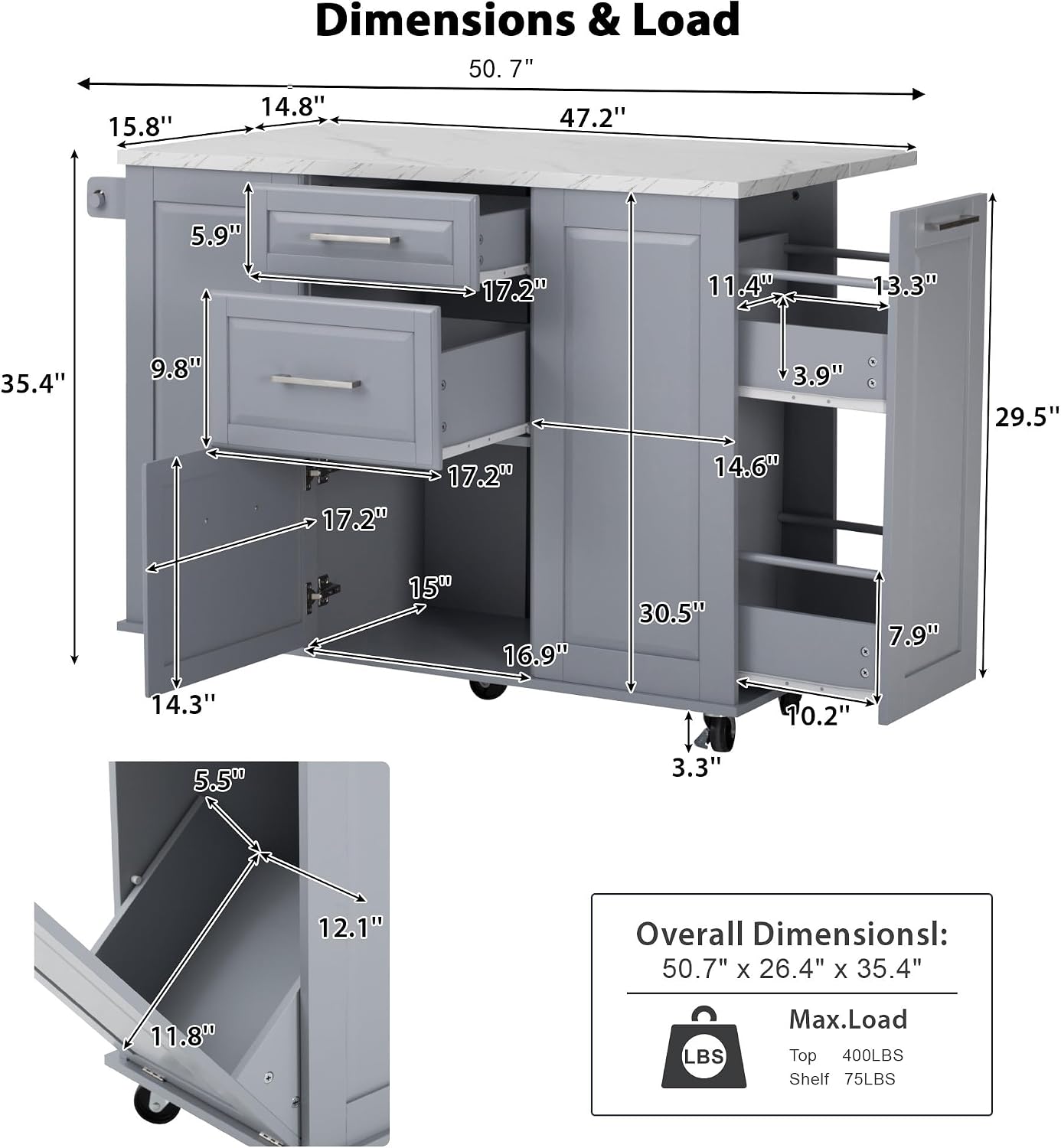 Diagram showing all dimensions and load capacities of the Merax Kitchen Island