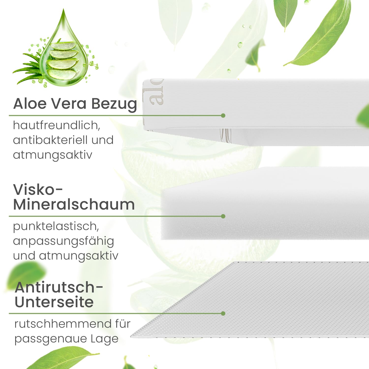 ELONEO Schlaf Topper Reise-Set 3 teilig: Visko-Matratzenauflage, Visko-Kopfkissen, hochwertige Transporttasche, 100% Visco, weiß, Visco-Topper: B 70 x L 200