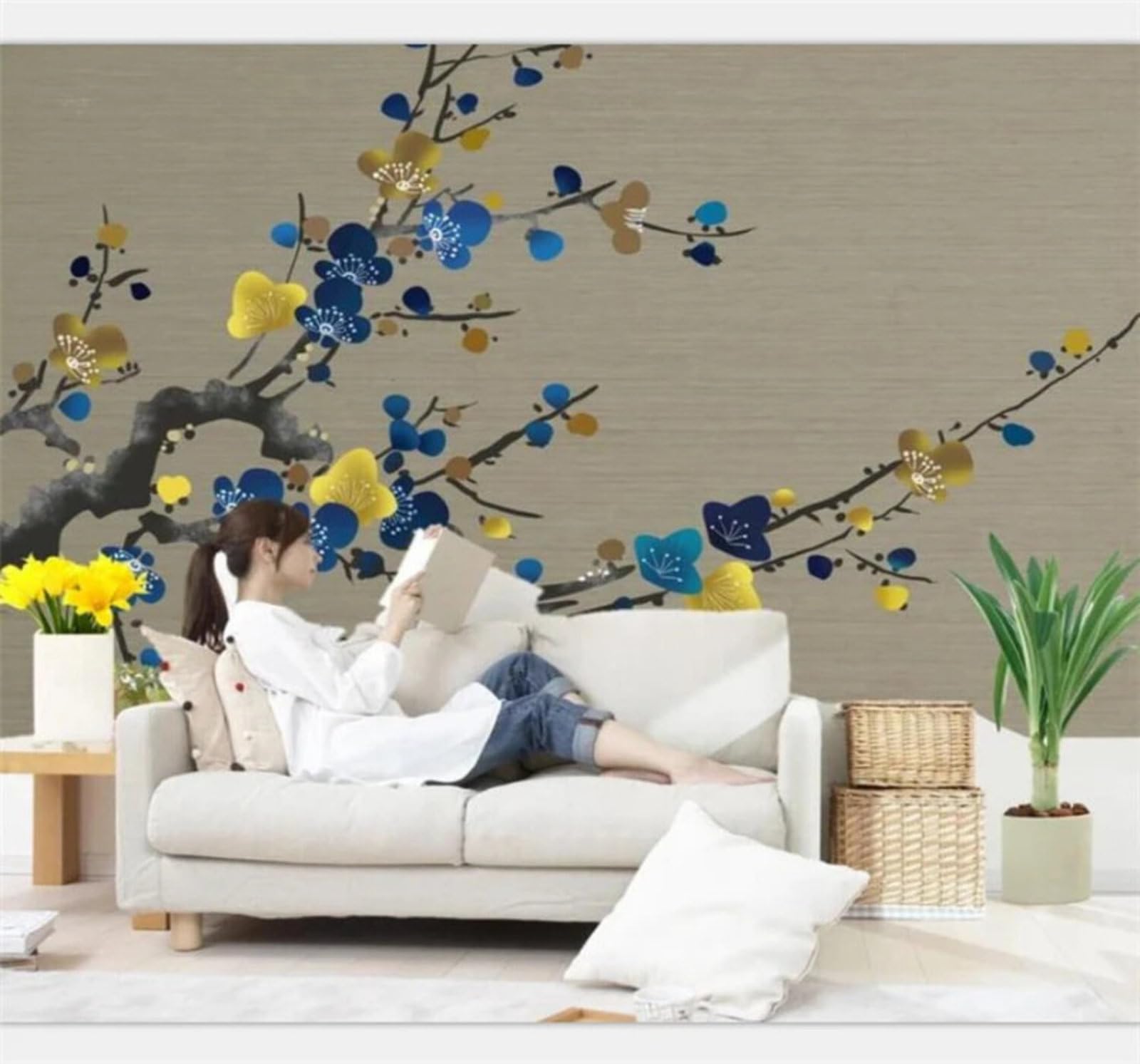 Wallpaper-3D-Xlm 350Cm×256Cm(B×H) Minimalist Hand Drawn Beautiful Watercolour Plum Blossoms 3D Wallpaper Easy Install Feature Office Living Room Sofa Bedroom Tv Background Wall Decoration-350Cm×256Cm