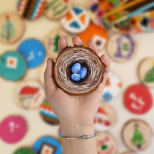 Miniatura 14 de Fuyit Rebanadas de madera natural, 30 piezas de 3.5-4 pulgadas, círculos de madera pre-perforados sin terminar con agujero y corteza