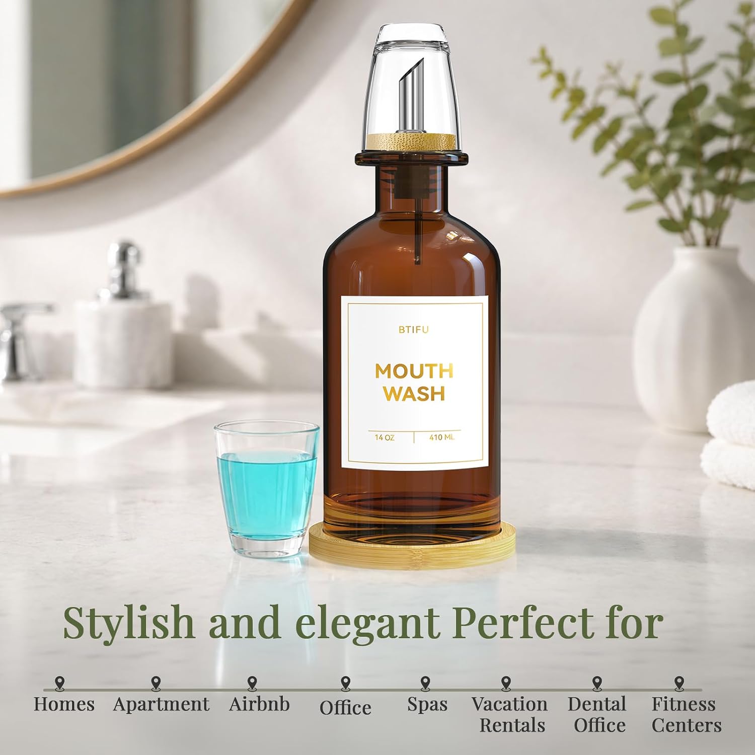 Amber Glass Mouthwash Dispenser for Bathroom - 14oz/410ml