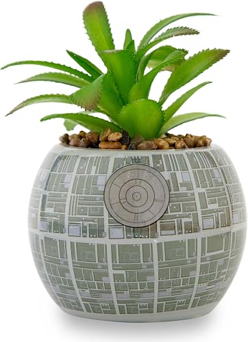 Star Wars Death Star 3-Inch Ceramic Planter with Artificial Succulent | Cute Small Flower Pot, Faux Indoor Plants