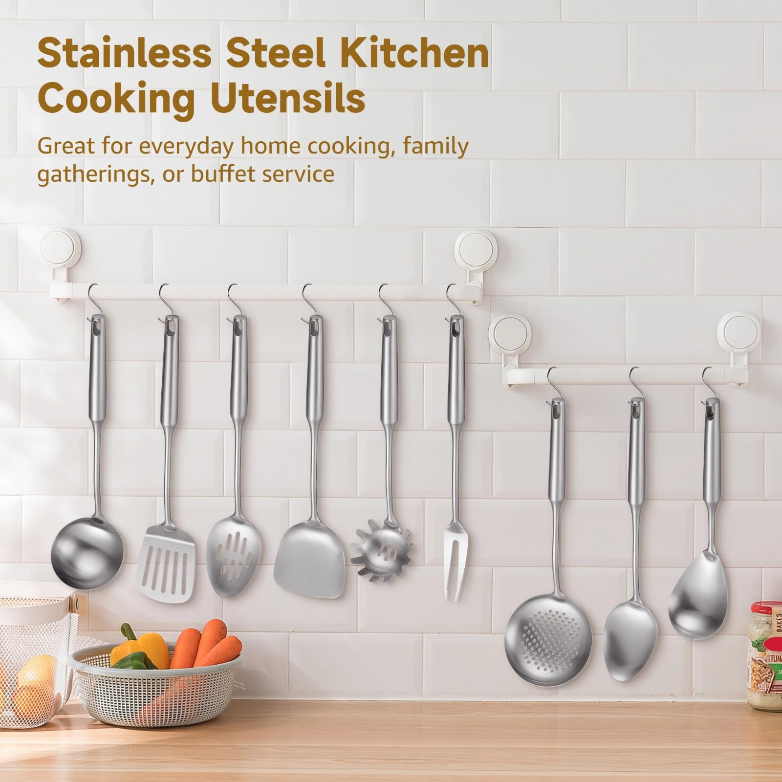9-teiliges Kochgeschirr-Set aus Edelstahl, Küchenutensilien mit langem Griff und Aufhängeöse, Schöpflöffel, Suppenkelle, Pfannenwender, Schaumkelle, Nudellöffel, Fleischgabel, spülmaschinenfest