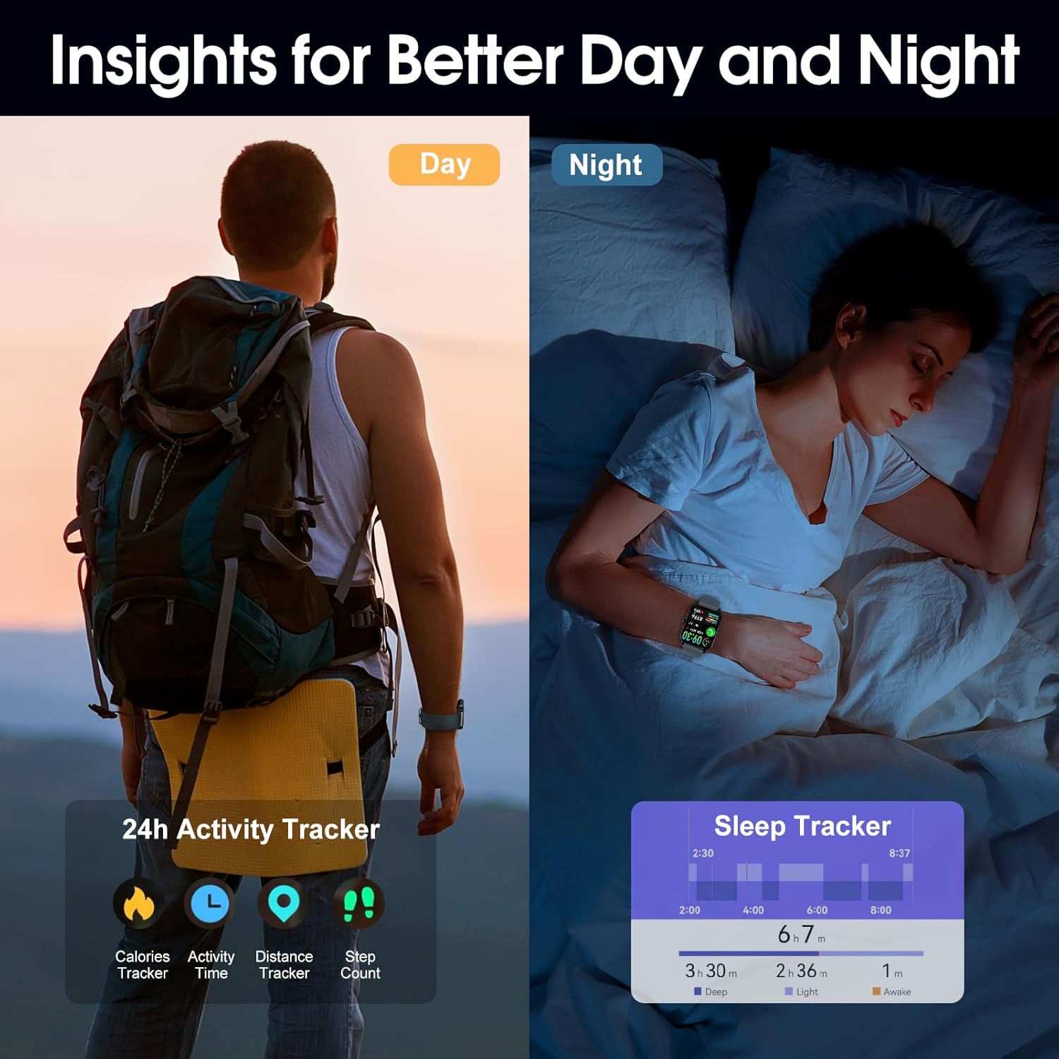 WeurGhy Smart Watch Y6 showing day and night activity tracking, including calories, activity time, distance, step count, and sleep tracking