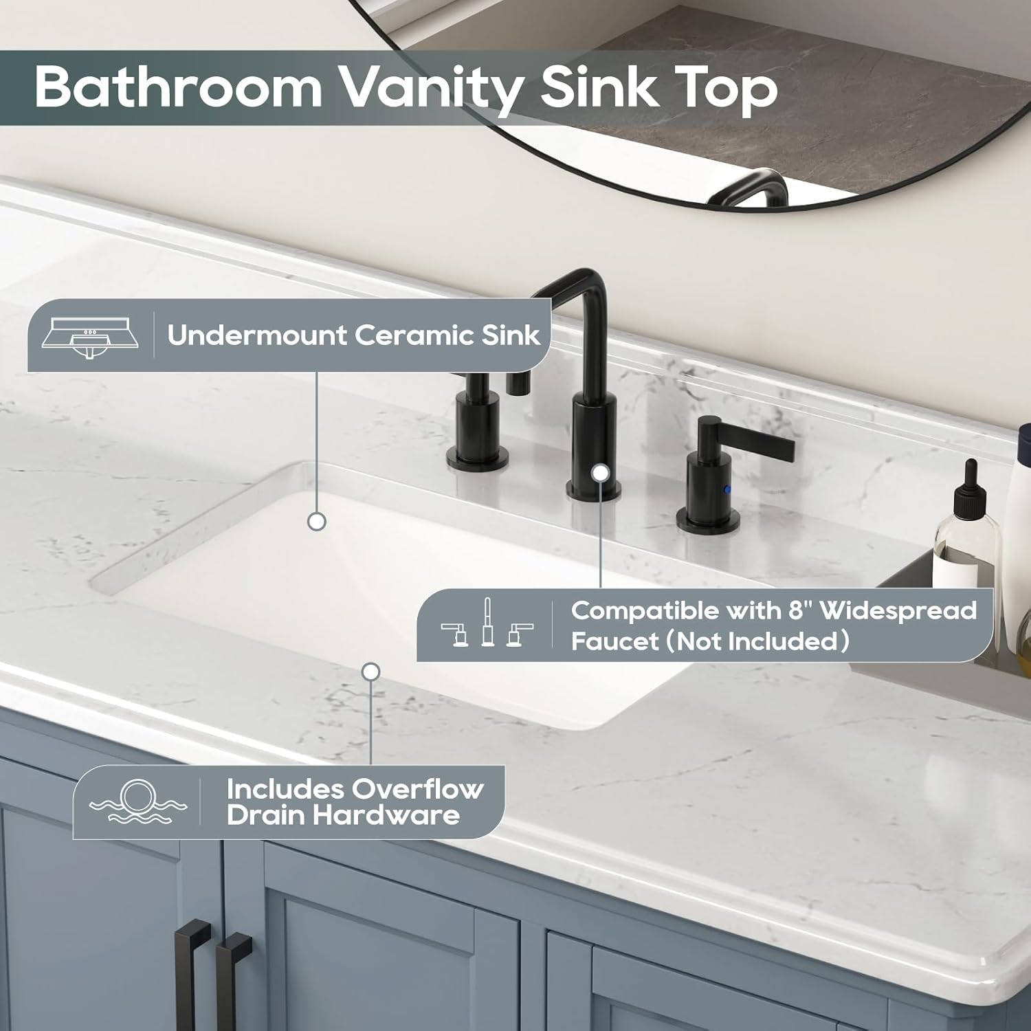 48 Inch Bathroom Vanity with Sink, Modern Steel Blue Bathroom Vanities with Soft Closing Doors & Dovetail Drawers, Quartz Countertop, No Assembly Required