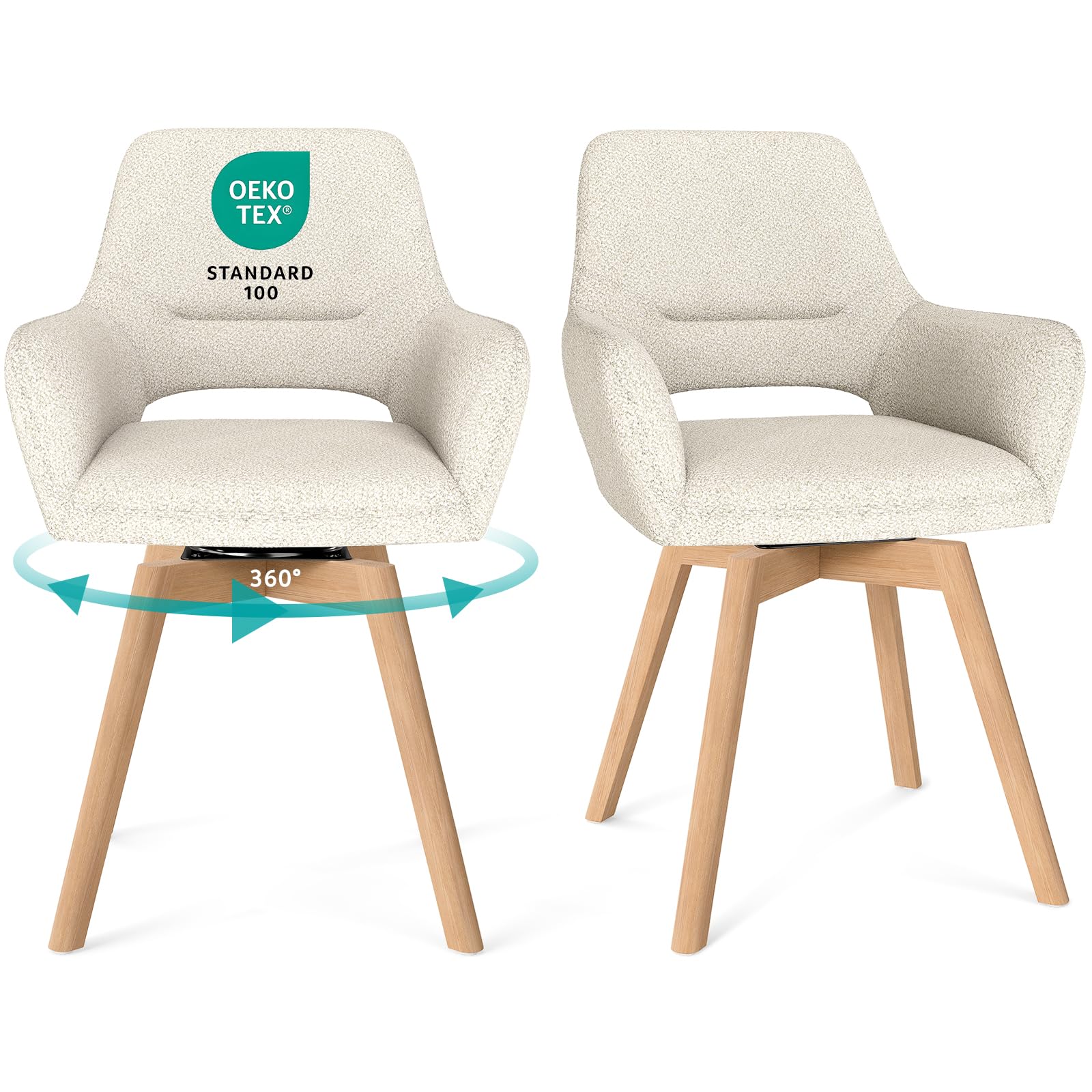 JIJIAN Juego de 2 Sillas de Comedor Giratorias 360° con Reposabrazos | Silla Acolchada con Patas de Haya, para Salón, Cocina, Dormitorio y Estudio, Beige
