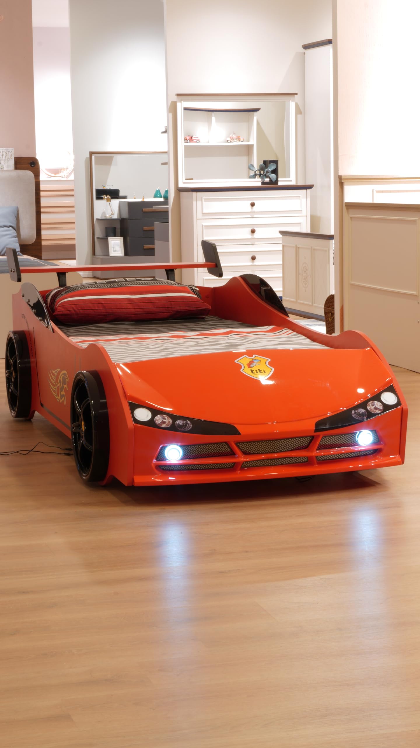 Woody Twin Race Car Bed, LED Lights, Spoiler