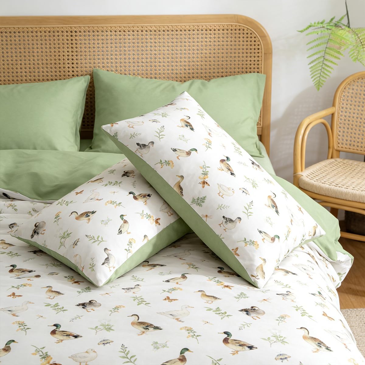 Kids Comforter Set Full 3 Pieces Cute Duck Bedding Set for Girls Boys Rustic Botanical Floral Comforter with 2 Pillowcases, Lightweight Soft 100% Microfiber, Farmhouse Aesthetic