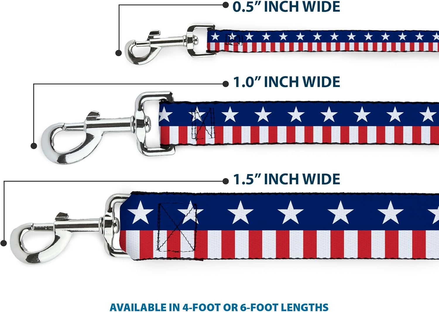 Buckle-Down Dog Leash Americana Stars Stripes2 Blue White Red White 6 Feet Long 1.5 Inch Wide