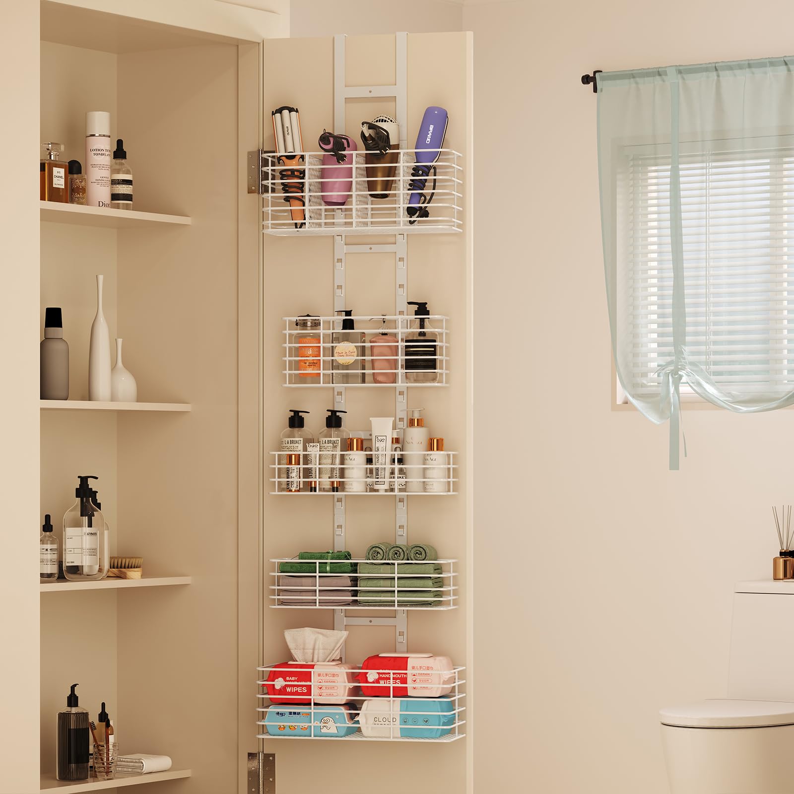 Organizador de 5 niveles sobre la puerta, estantes de baño, organizador de herramientas para el cabello, soporte para secador de pelo, altura ajustable, estante de almacenamiento de baño de 3